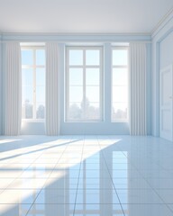 3d rendering of  An empty room with white walls, large windows, and a tiled floor.