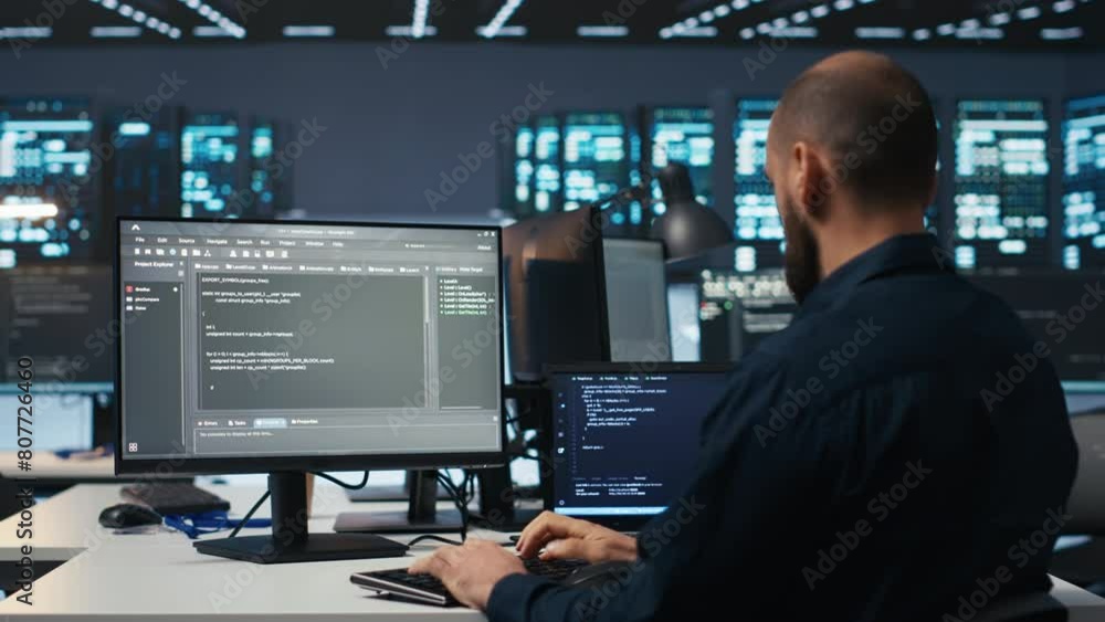 Poster developer typing code, working in network security data center facility, ensuring optimal performanc