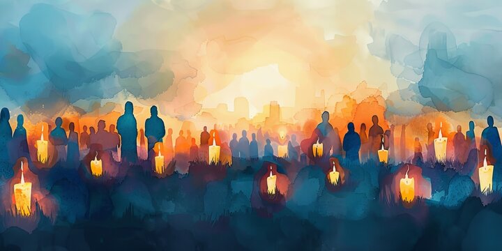 A painting of a group of people holding candles in a field. The painting has a warm and peaceful mood, with the candles representing hope and unity
