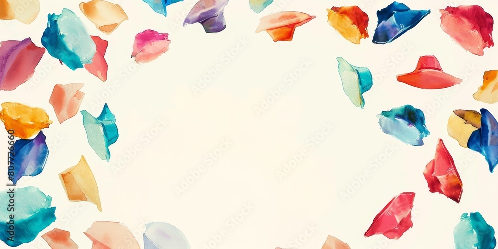 Poster a colorful background with many hats scattered around it. the hats are of different colors and sizes