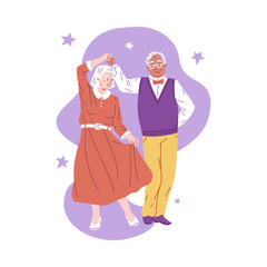 Joyful grandparents dancing in flat style vector illustration.