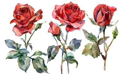 Fototapeta premium set red rose, beautiful flower on a white background, watercolor illustration, Generative AI