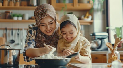 A joyful mother in a hijab cooking with her young daughter, also in a hijab, in a sunny kitchen.