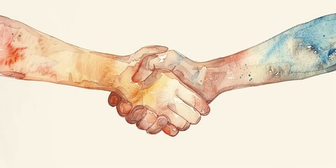 Two hands shaking in a painting. The painting is colorful and has a positive mood. The idea of the painting is to show the importance of shaking hands as a sign of respect and friendship