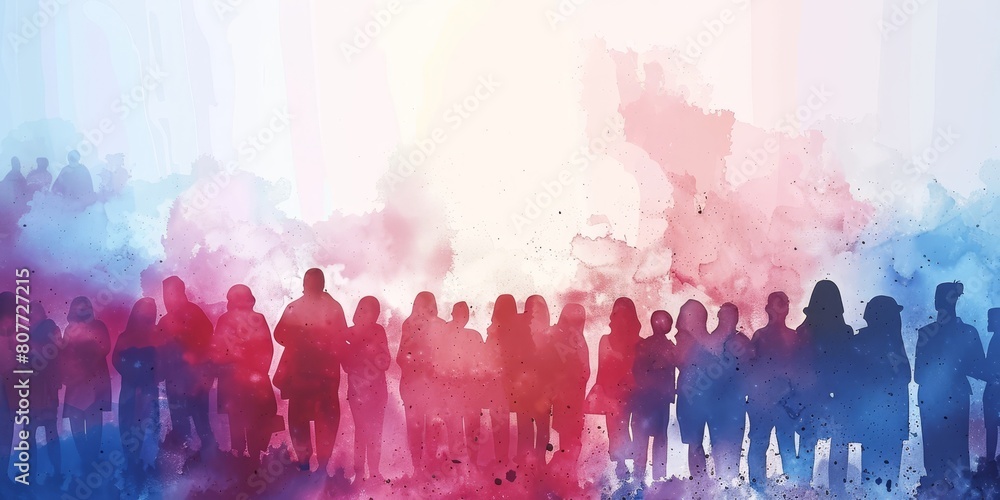 Poster a group of people are standing in a line, with some of them wearing red and blue. the image has a se
