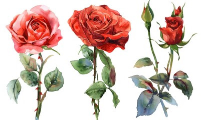 set red rose, beautiful flower on a white background, watercolor illustration, Generative AI