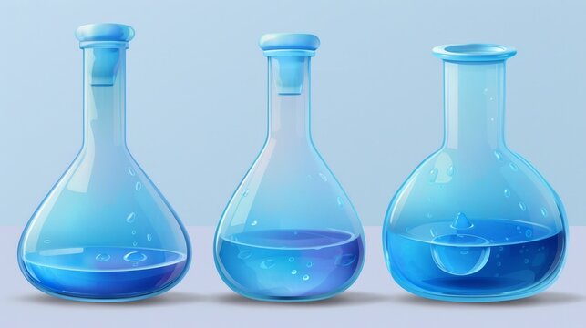 Realistic 3D set of laboratory equipment for conducting blue liquid experiments in glass beakers. Erlenmeyer glassware for color analysis. Measuring research containers.