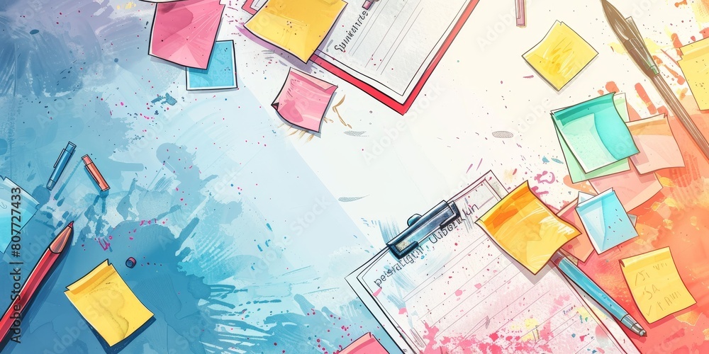 Poster a colorful drawing of a desk with a notebook, pens, and sticky notes. the sticky notes are in variou