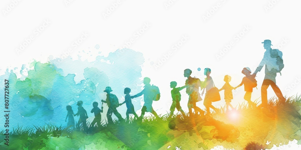 Poster a group of children are walking in a field with a man leading them. the scene is bright and colorful