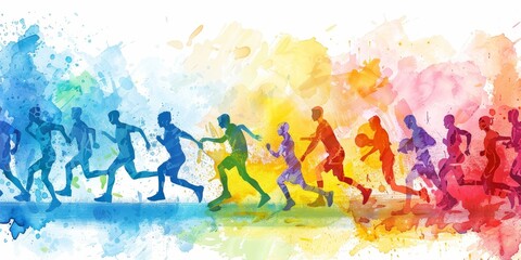 A group of people running in a rainbow line. Concept of unity and camaraderie among the runners