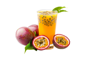 Fresh Passion Fruit Juice and Halved Fruits on transparent background