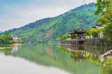 Fototapeta premium Ancient Towns, Ancient Buildings, and Rivers in the Mountainous Areas of Anhui Province, China