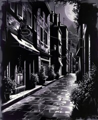 The photo shows a narrow street with cobblestone pavement and old buildings on both sides.
