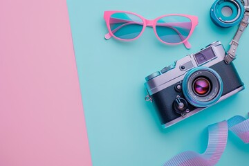 Fototapeta premium Vintage film camera, lens, film roll and accessories on pink and blue colorful pastel trendy modern trendy background. 