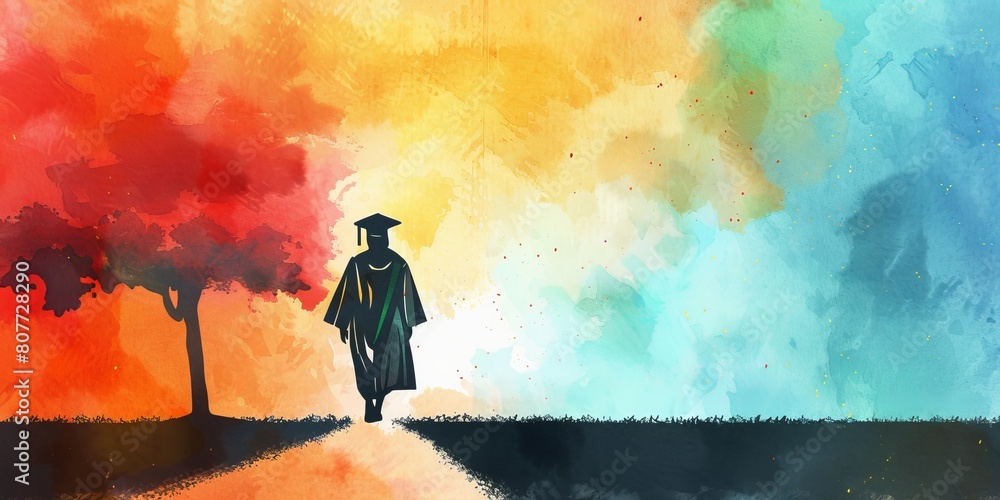 Poster a person in a graduation gown walks across a field with a tree in the background. concept of accompl