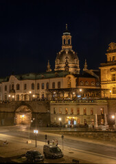 View of the facade and night landscape in Dresden Academy of Fine Arts on the Bruhl's Terrace, Dresden, Germany