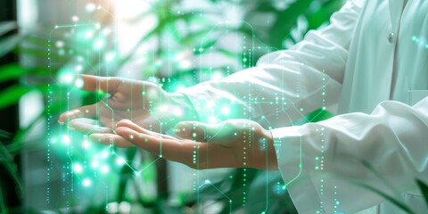 A person is holding their hands up in front of a green screen with a green background. Concept of wonder and curiosity, as if the person is holding onto something that is beyond their understanding