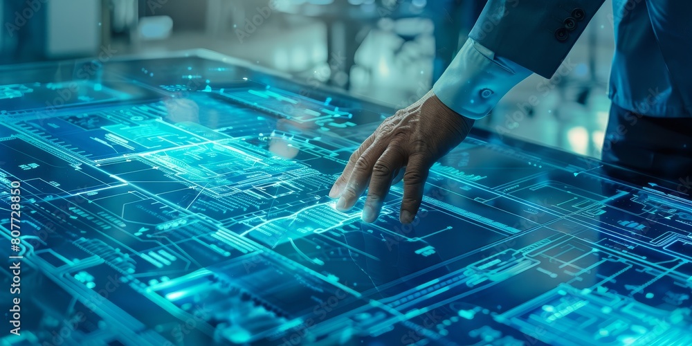 Aufkleber a man is touching a computer screen with his finger. the screen is blue and has a lot of lines and d