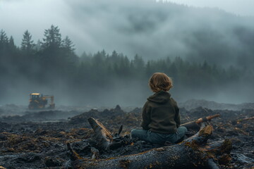 Child sitting on a log in a misty deforested area with a bulldozer - Powered by Adobe