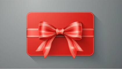 Blank red gift card with red ribbon bow isolated on grey background with shadow minimal conceptual 3D rendering