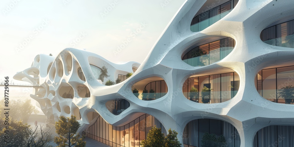 Poster a white building with a lot of windows and a lot of trees in the background. the building has a very