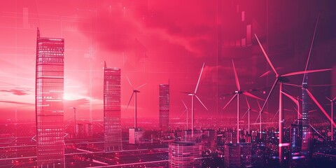 A cityscape with a pink sky and buildings with wind turbines. Scene is futuristic and modern