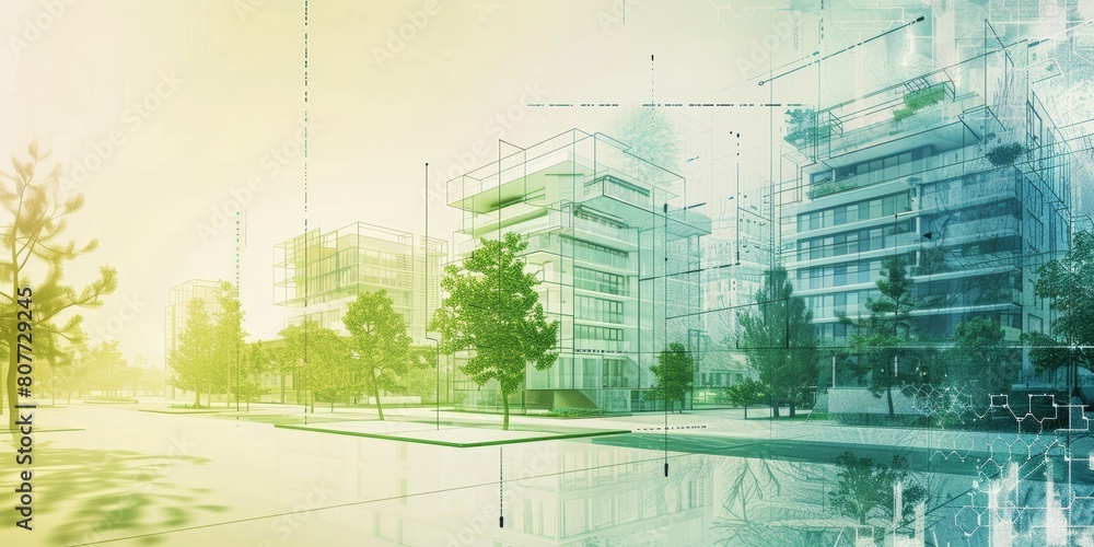 Poster a cityscape with buildings and trees, with a focus on the trees. the image has a futuristic feel to 