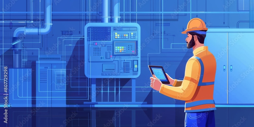 Poster a man in a yellow jacket is standing in front of a blue wall with a tablet in his hand. he is wearin