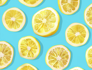 A flat vector illustration with a seamless pattern of lemon slices on a blue background. Seamless pattern of lemon slices.