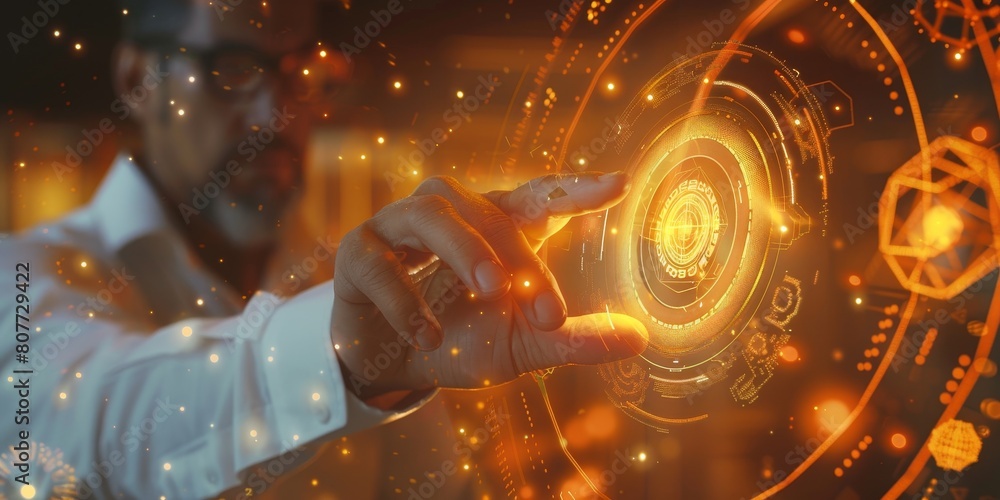 Poster a man is pointing at a glowing circle on a screen. concept of excitement and wonder as the man inter