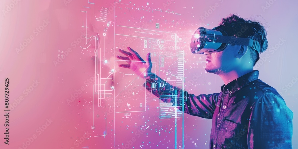 Poster a man is wearing a virtual reality headset and is interacting with a computer screen. concept of exc