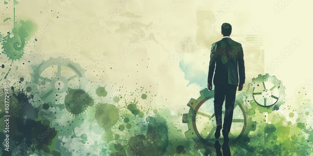 Poster a man is walking in front of a large clock. the clock is surrounded by a lot of paint splatters, giv