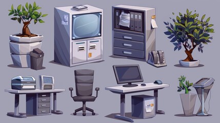 An office interior set with desk and chair, computer and printer with paper, chancellor's office and green plant in pot, cabinet, and phone.