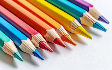 Fototapeta premium Office for school classes or art classes. Colored pencils arranged in a row on a white background in close-up.