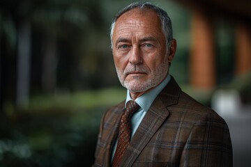A professional portrait of a male CEO in a bespoke earth-toned suit and matching tie, set against a backdrop of muted greens. 