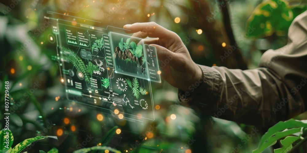 Poster a person is holding a tablet with a green screen displaying a forest. concept of wonder and apprecia