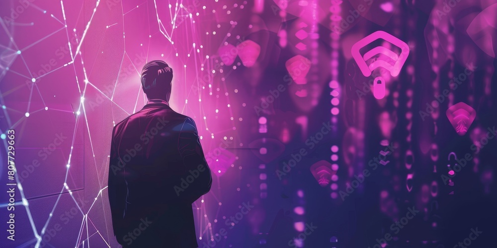 Poster a man is standing in front of a wall of lights. the lights are in different colors and shapes, and t