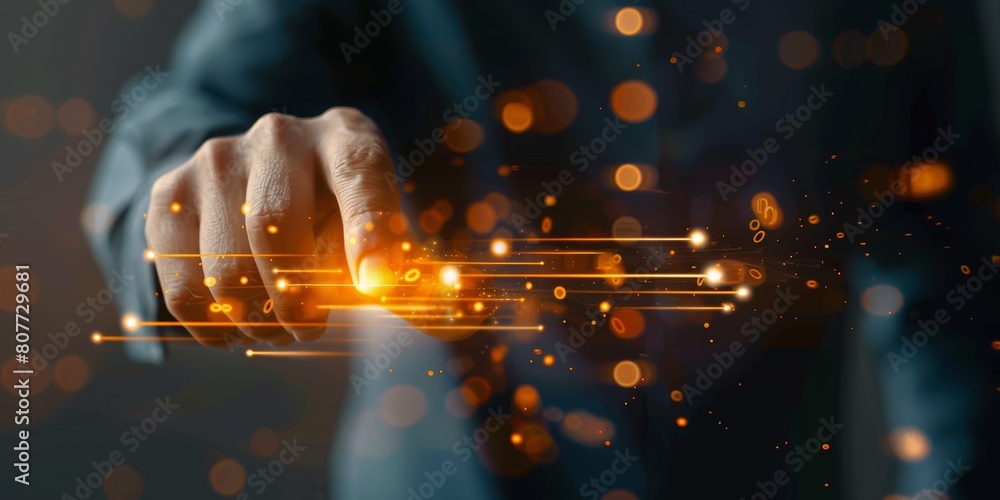 Poster a hand is pointing at a screen with a lot of glowing lines. concept of technology and innovation, as