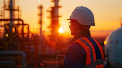 Silhouette of a male industrial worker at sunset with oil refinery in background. - Powered by Adobe