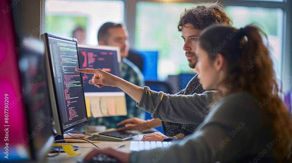 Poster a woman points at a computer screen as a man looks on with concentration, in a collaborative coding 