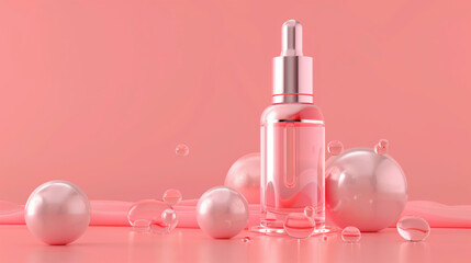 Elegant skincare serum bottle with dropper surrounded by glossy spheres on a soft pink background.