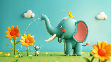 Illustration of a joyful elephant spraying water from its trunk with a mouse and a bird in a whimsical garden.