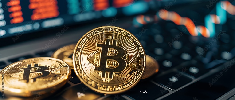 Poster panoramic view of bitcoin transactions: digital currency exchange and online payment concept in cryp