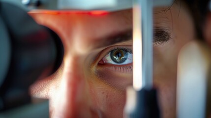 Ophtalmologist visit with close up eye photo of a caucasian man healthcare and sight health optics advertising AI generative