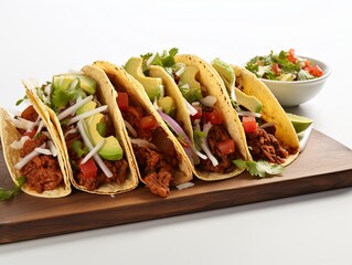 Mexican food tacos on a wooden board. Traditional Mexican tacos with meat and vegetables.