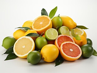 Citrus fruits (orange, lemon, lime, grapefruit). Fresh juicy citrus fruits with green leaves on white background.