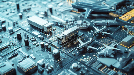 Highly detailed futuristic cityscape with miniature vehicles and aircraft integrated on circuit boards.