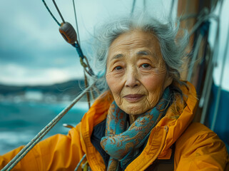 Portrait of an elderly Japanese woman on a sailing ship