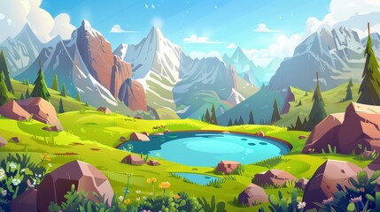 In summer, mountains with lakes and green grass are seen on a sunny day. Cartoon modern scenery with a blue pond at the foot of high rocky hills. Countryside scene with waterhole and mount.