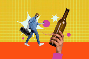 Composite photo collage of happy guy carry boombox retro party occasion hand hold bottle alcohol beverage isolated on painted background